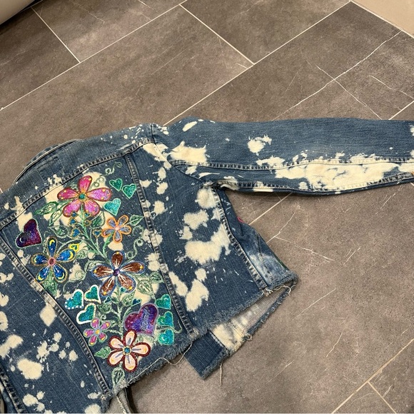 Wrangler denim jacket reworked painted bleached western cropped cut off jean - Picture 5 of 13